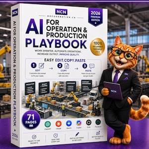 Könnte beinhalten: Ein weißes Buch mit dem Titel AI FOR OPERATION & PRODUCTION PLAYBOOK 2026 PREMIUM EDITION, das eine orangefarbene Katze im Anzug mit einem Tablet zeigt. Das Cover enthält Grafiken zur Industrieautomatisierung, Texte zu Prompts und KI-Logos.