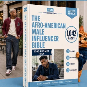 Op de afbeelding: Een groot wit boek getiteld The Afro-American Male Influencer Bible met blauwe tekst, met 1.042 pagina's, een 1.000 prompt pack en secties voor haar, verzorging, mode, poses en locaties. De omslag toont een foto van een man in een blauw overhemd.