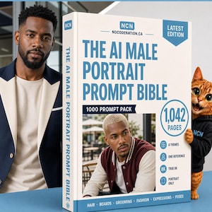 Op de afbeelding: Een groot wit boek getiteld The AI Male Portrait Prompt Bible met blauwe tekst en een 1000 prompt pack label. De kaft bevat een foto van een persoon in een bordeauxrood jasje, een 1042 pagina's badge en iconen voor thema's, referenties, 8K kwaliteit en portretten.