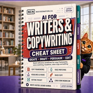 May include: A spiral-bound cheat sheet titled AI FOR WRITERS & COPYWRITING with a white cover, red accents, and colorful side tabs labeled Voice, Hooks, Copy, Edit, and Longform. A brown tabby cat wearing a black hoodie peeks from behind the book.