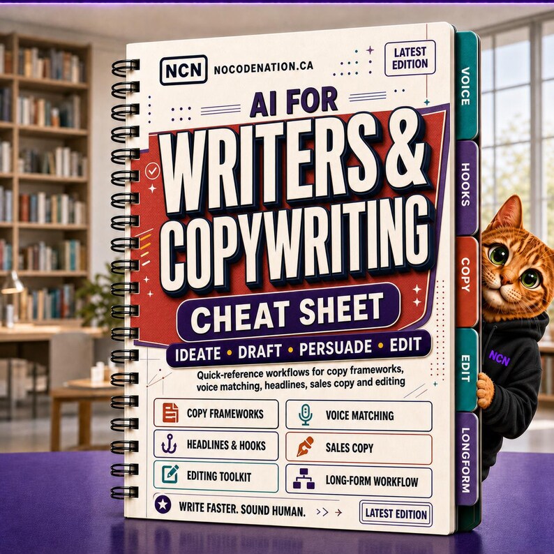May include: A spiral-bound cheat sheet titled AI FOR WRITERS & COPYWRITING with a white cover, red accents, and colorful side tabs labeled Voice, Hooks, Copy, Edit, and Longform. A brown tabby cat wearing a black hoodie peeks from behind the book.