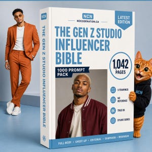 May include: A large white book titled The Gen Z Studio Influencer Bible with 1,042 pages and a 1000 prompt pack. The cover features a man in a maroon jacket, blue text, and icons for framings, reference, and 8K resolution. NCN branding is visible.