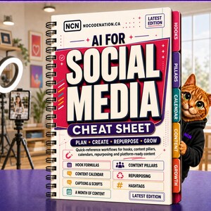 May include: A spiral-bound cheat sheet titled AI FOR SOCIAL MEDIA with a white cover, red accents, and colorful side tabs labeled Hooks, Pillars, Calendar, Content, and Growth. A brown tabby cat wearing a black hoodie peeks from behind the book.