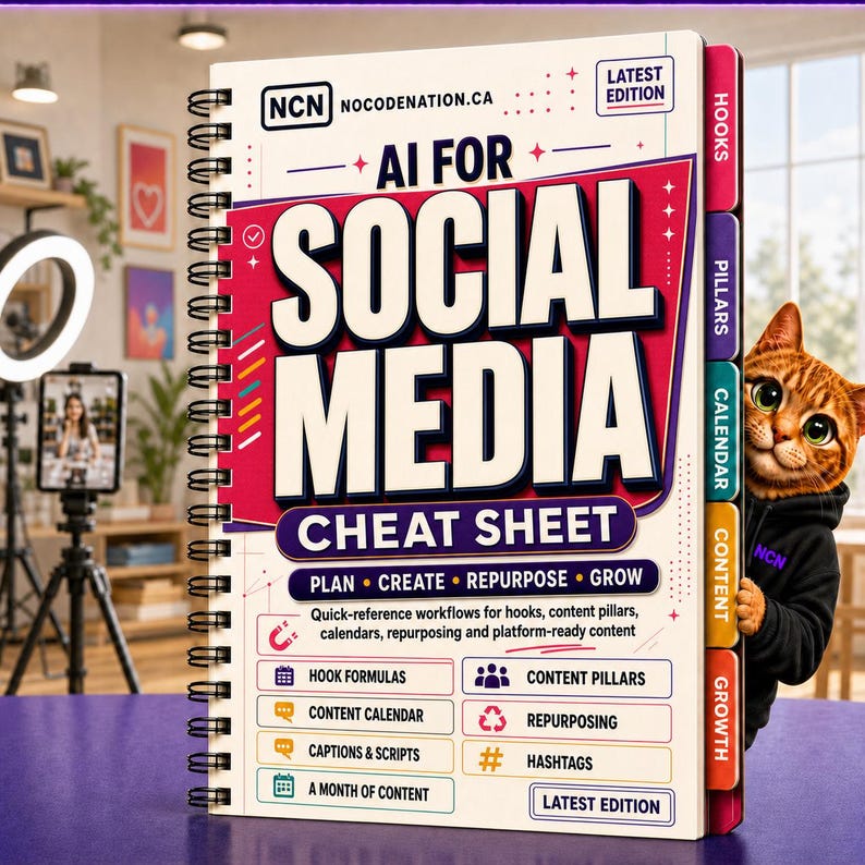 May include: A spiral-bound cheat sheet titled AI FOR SOCIAL MEDIA with a white cover, red accents, and colorful side tabs labeled Hooks, Pillars, Calendar, Content, and Growth. A brown tabby cat wearing a black hoodie peeks from behind the book.