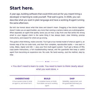 Peut inclure: Un document intitul&eacute; Build Your First AI Agent de Nocodenation.ca. Il comprend une section bienvenue, un paragraphe Start here et la citation : You don't need to learn to code. You need to learn to think clearly about what you want done. Il pr&eacute;sente trois colonnes intitul&eacute;es Understand, Build et Ship.