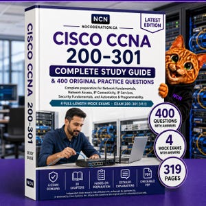 May include: A Cisco CCNA 200-301 complete study guide book with a white cover featuring purple text, a graphic of a person working on network equipment, and a cartoon cat. The cover includes details about 400 practice questions and 319 pages.
