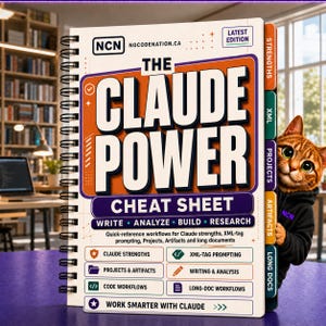 May include: A spiral-bound cheat sheet titled The Claude Power Cheat Sheet with orange and purple accents. The cover features text including Write, Analyze, Build, Research, and sections for Claude Strengths, XML-tag prompting, and workflows.