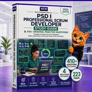 Może przedstawiać: Podręcznik PSD I Professional Scrum Developer, wydanie 2026, zawierający ponad 410 pytań praktycznych. Okładka przedstawia osobę korzystającą z laptopa, rysunkowego kota oraz informacje dotyczące Scrum, Agile i przygotowania do egzaminu.