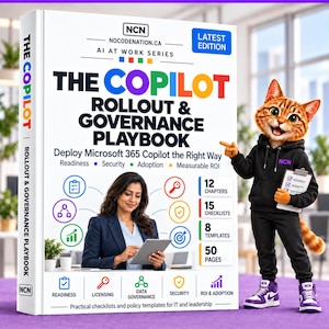 May include: A white book titled The Copilot Rollout & Governance Playbook with a graphic of a person using a tablet and an anthropomorphic cat in a black hoodie holding a clipboard. The cover features colorful icons and text about Microsoft 365.