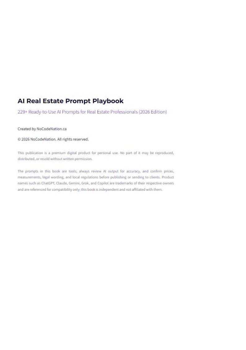 May include: A digital document titled AI Real Estate Prompt Playbook, featuring the subtitle 229+ Ready-to-Use AI Prompts for Real Estate Professionals (2026 Edition), created by NoCodeNation.ca, including copyright and usage disclaimer text.