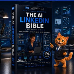以下が含まれることがあります： 「The AI LinkedIn Bible 2026 Premium Edition」というタイトルの大きな本。濃い青色の表紙にはテキスト、アイコン、ノートパソコンで作業する人物が描かれている。本の横には、青いスーツを着てタブレットを持ったオレンジ色の猫のキャラクターが立っている。