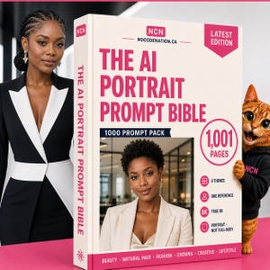 May include: A thick book titled The AI Portrait Prompt Bible with a cream cover, pink text, and a 1,001 pages badge. The cover features a photo of a person in a blazer, the NCN logo, and lists themes including beauty, natural hair, fashion, and lifestyle.