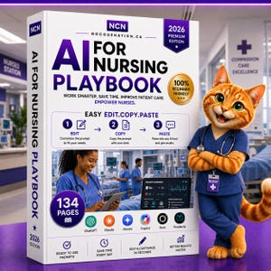 以下が含まれることがあります： AI FOR NURSING PLAYBOOK 2026 PREMIUM EDITIONというタイトルの白い本。青いスクラブを着て聴診器を首にかけたオレンジ色のトラ猫のキャラクターが描かれている。表紙にはテキスト、アイコン、看護師の写真、134ページという表記、AIツールのロゴが掲載されている。