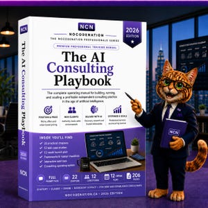 Könnte beinhalten: Ein weiß-violettes Trainingshandbuch mit dem Titel The AI Consulting Playbook 2026 Edition, das eine Comic-Katze im Anzug mit Buch und Stift zeigt. Das Cover enthält Text über KI-Beratung, eine Laptop-Grafik sowie 22 Kapitel und 12 Fallstudien.