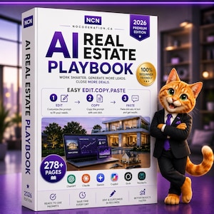 May include: A white book titled AI REAL ESTATE PLAYBOOK 2026 PREMIUM EDITION featuring a cartoon orange tabby cat in a black suit and purple tie. The cover displays a laptop, house model, and icons for AI tools like ChatGPT and Gemini.