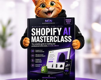 May include: An orange tabby cat wearing a black hoodie holds a book titled Shopify AI Masterclass, Premium Edition 2026. The cover features a laptop and smartphone displaying e-commerce store interfaces, with text detailing a step-by-step guide.