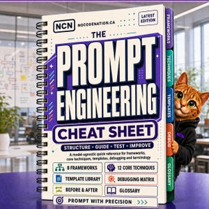 May include: A spiral-bound book titled The Prompt Engineering Cheat Sheet with a white cover, purple text, and colorful tabbed sections. A brown tabby cat wearing a black hoodie with the NCN logo peeks from behind the right side of the book.