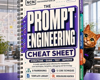 May include: A spiral-bound book titled The Prompt Engineering Cheat Sheet with a white cover, purple text, and colorful tabbed sections. A brown tabby cat wearing a black hoodie with the NCN logo peeks from behind the right side of the book.