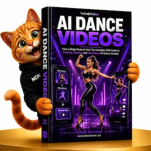 May include: A book titled AI DANCE VIDEOS: From a Single Photo to Viral: The Complete 2026 Guide to Creating, Growing, and Monetizing AI Dance Content, featuring a cartoon orange cat in a black hoodie holding the book cover with purple lighting.