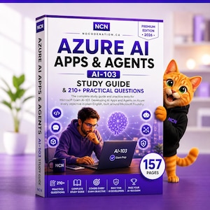 以下が含まれることがあります： 157ページのAzure AI Apps & Agents AI-103と題された白と紫の学習ガイドブック。表紙にはノートパソコンを使う人物、オレンジ色の漫画の猫、210+ Practical QuestionsやPremium Edition 2026などのテキストが記載されています。