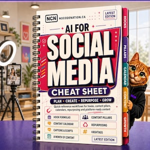 Pode incluir: Um guia de referência rápida com espiral intitulado AI FOR SOCIAL MEDIA com capa branca, detalhes em vermelho e abas laterais coloridas rotuladas como Hooks, Pillars, Calendar, Content e Growth. Um gato malhado castanho usa um moletom preto.