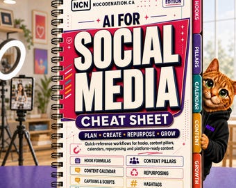 May include: A spiral-bound cheat sheet titled AI FOR SOCIAL MEDIA with a white cover, red accents, and colorful side tabs labeled Hooks, Pillars, Calendar, Content, and Growth. A brown tabby cat wearing a black hoodie peeks from behind the book.