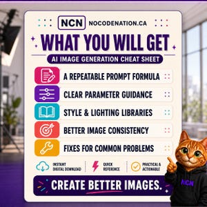 May include: An AI image generation cheat sheet from NOCODENATION.CA titled WHAT YOU WILL GET. It lists a repeatable prompt formula, clear parameter guidance, style and lighting libraries, better image consistency, and fixes for common problems.