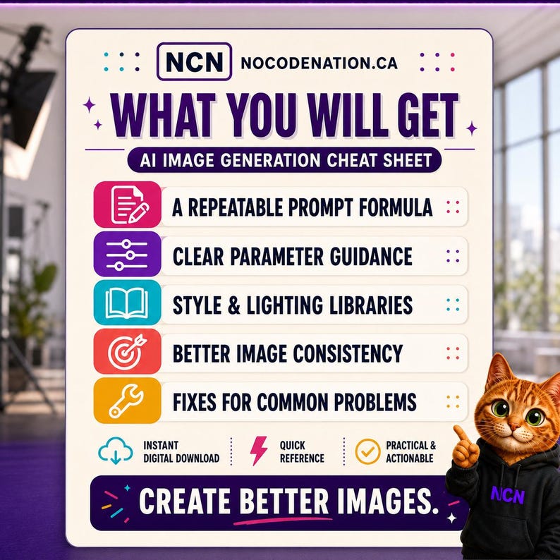 May include: An AI image generation cheat sheet from NOCODENATION.CA titled WHAT YOU WILL GET. It lists a repeatable prompt formula, clear parameter guidance, style and lighting libraries, better image consistency, and fixes for common problems.