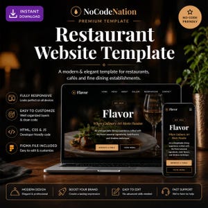 Może przedstawiać: Szablon strony internetowej restauracji wyświetlany na laptopie i smartfonie. Projekt ma ciemny motyw z wyraźnie widocznym słowem "Flavor". Zaprojektowany dla restauracji, kawiarni i wykwintnych lokali gastronomicznych.