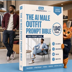 Może przedstawiać: Gruba, biała, prostokątna książka zatytułowana The AI Male Outfit Prompt Bible, zawierająca 1042 strony i 1000 prompt pack. Okładka przedstawia mężczyznę w jasnoniebieskim garniturze, rysunkowego kota oraz tekst, w tym NCN i nocodenation.ca.