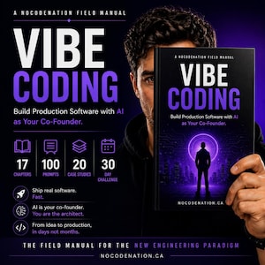 May include: A book cover with the title "VIBE CODING" in large white and purple letters. The book is held by a person. The cover text reads "Build Production Software with AI as Your Co-Founder." Additional text includes "17 Chapters, 100 Prompts, 20 Case Studies, 30 Day Challenge."