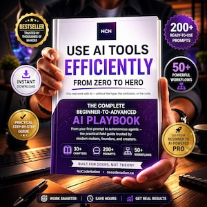 May include: A person holds a book titled "USE AI TOOLS EFFICIENTLY FROM ZERO TO HERO". The book cover is white with purple and black text. It includes the text "THE COMPLETE BEGINNER-TO-ADVANCED AI PLAYBOOK". The book has icons for prompts, chapters, and workflows.
