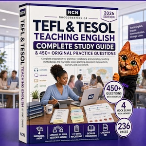 May include: A 2026 edition TEFL & TESOL teaching English complete study guide book with 450+ original practice questions. The cover features a person working at a desk with a laptop, study materials, and a cartoon cat mascot on the right side.