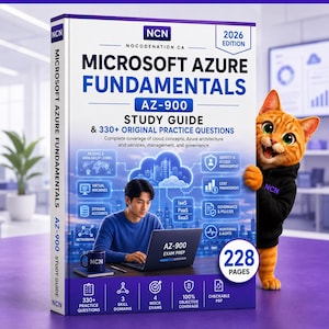 Op de afbeelding: Een Microsoft Azure Fundamentals AZ-900 studieboek, editie 2026, met 330+ originele oefenvragen en 228 pagina's. De kaft toont een persoon die een laptop gebruikt, cloud computing-iconen en een oranje kat in een zwarte hoodie.