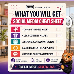 May include: A white informational graphic titled WHAT YOU WILL GET SOCIAL MEDIA CHEAT SHEET by NCN NOCODENATION.CA. It lists five features: scroll-stopping hooks, content pillars, a calendar system, content repurposing, and captions, scripts & hashtags.