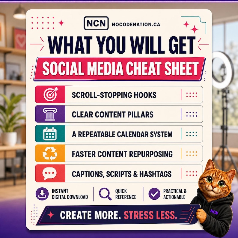 May include: A white informational graphic titled WHAT YOU WILL GET SOCIAL MEDIA CHEAT SHEET by NCN NOCODENATION.CA. It lists five features: scroll-stopping hooks, content pillars, a calendar system, content repurposing, and captions, scripts & hashtags.