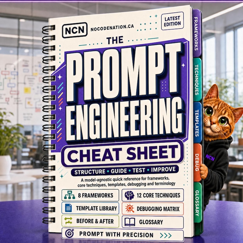 May include: A spiral-bound book titled The Prompt Engineering Cheat Sheet with a white cover, purple text, and colorful tabbed sections. A brown tabby cat wearing a black hoodie with the NCN logo peeks from behind the right side of the book.
