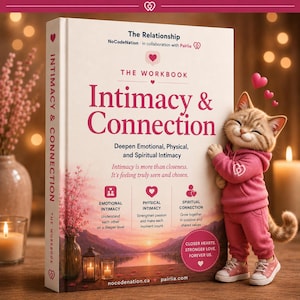 Könnte beinhalten: Ein gebundenes Arbeitsbuch mit dem Titel Intimacy & Connection mit cremefarbenem Einband, rosafarbenem Text, einer Landschaftsillustration und einer kleinen Zeichentrickkatze in einem rosa Trainingsanzug. Das Buch behandelt emotionale, körperliche und spirituelle Intimität.