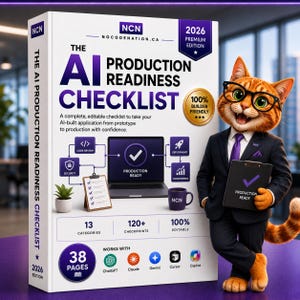 May include: A white book titled The AI Production Readiness Checklist 2026 Premium Edition featuring a cartoon orange cat in a suit and glasses holding a clipboard. The cover displays a laptop, icons for code review, security, deployment, and monitoring.