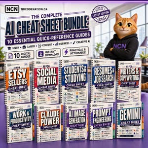 Może przedstawiać: Cyfrowy pakiet 10 spiralnych ściąg pod tytułem The Complete AI Cheat Sheet Bundle. Przewodniki obejmują tematy takie jak sprzedawcy Etsy, media społecznościowe, studenci, CV, pisanie, produktywność oraz różne narzędzia sztucznej inteligencji.