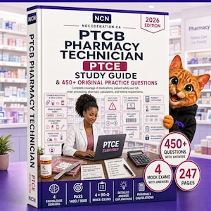 May include: A 2026 edition PTCB Pharmacy Technician PTCE study guide book featuring a person using a laptop, a calculator, a pill bottle, and a cartoon cat. The cover includes text about 450+ practice questions, 4 mock exams, and 247 pages.
