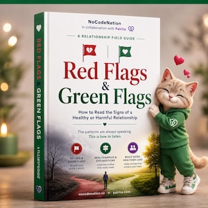 May include: A hardcover book titled Red Flags & Green Flags: A Relationship Field Guide, featuring a cartoon cat in a green hoodie standing beside it. The cover displays a split landscape of a red path and a green path with text and icons.