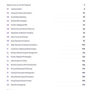 May include: A white page titled Contents with the subtitle 229+ Prompts, Organised by Task. It lists twenty numbered sections ranging from Lead Generation to Paid Ads & Google Ads, with corresponding page numbers from 2 to 172, plus a reference section.