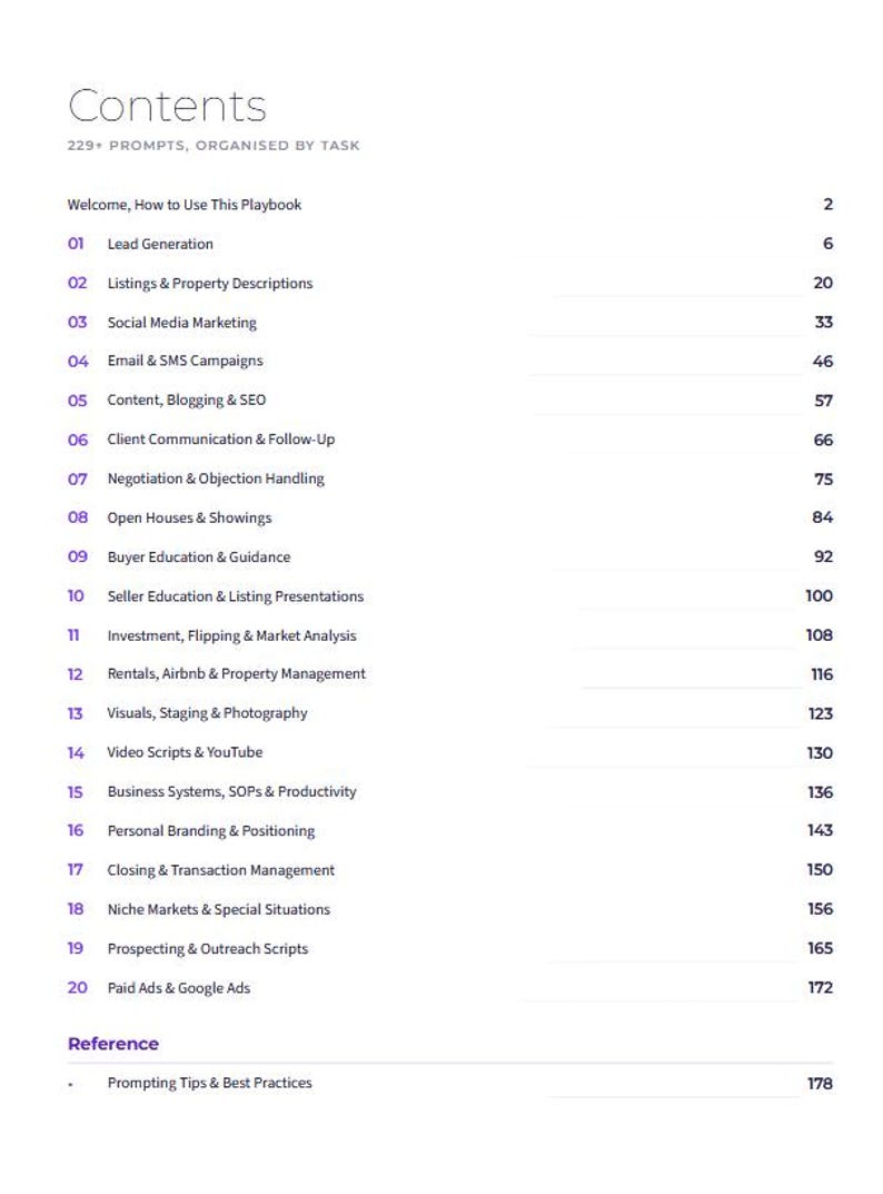 May include: A white page titled Contents with the subtitle 229+ Prompts, Organised by Task. It lists twenty numbered sections ranging from Lead Generation to Paid Ads & Google Ads, with corresponding page numbers from 2 to 172, plus a reference section.