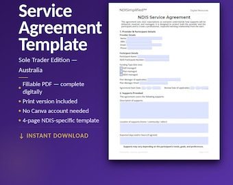 NDIS Support Worker Service Agreement | Fillable & Printable PDF | Sole Trader | Instant Download