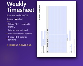 NDIS Support Worker Weekly Timesheet Template | Fillable & Printable PDF | Sole Trader | Instant Download