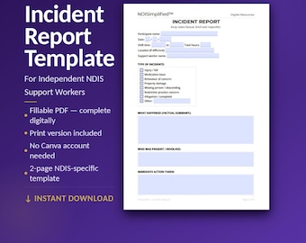 NDIS Support Worker Incident Report Template | Fillable & Printable PDF | Sole Trader | Instant Download