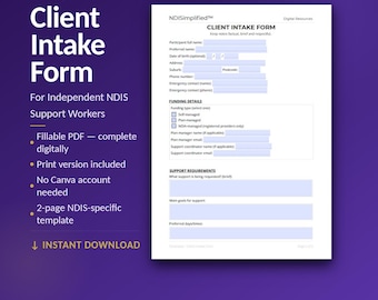 NDIS Support Worker Client Intake Form | Fillable & Printable PDF | Sole Trader | Instant Download