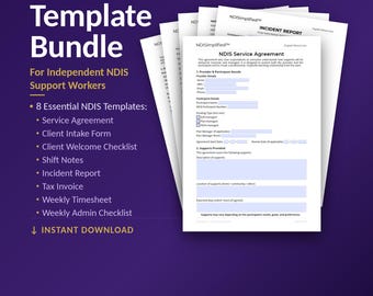 NDIS Support Worker Template Bundle | 8 Essential NDIS Templates | Client Setup - Business Admin - Shift Notes & Incident | Instant Download