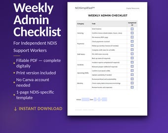 NDIS Support Worker Weekly Admin Checklist | Fillable & Printable PDF | Sole Trader | Instant Download